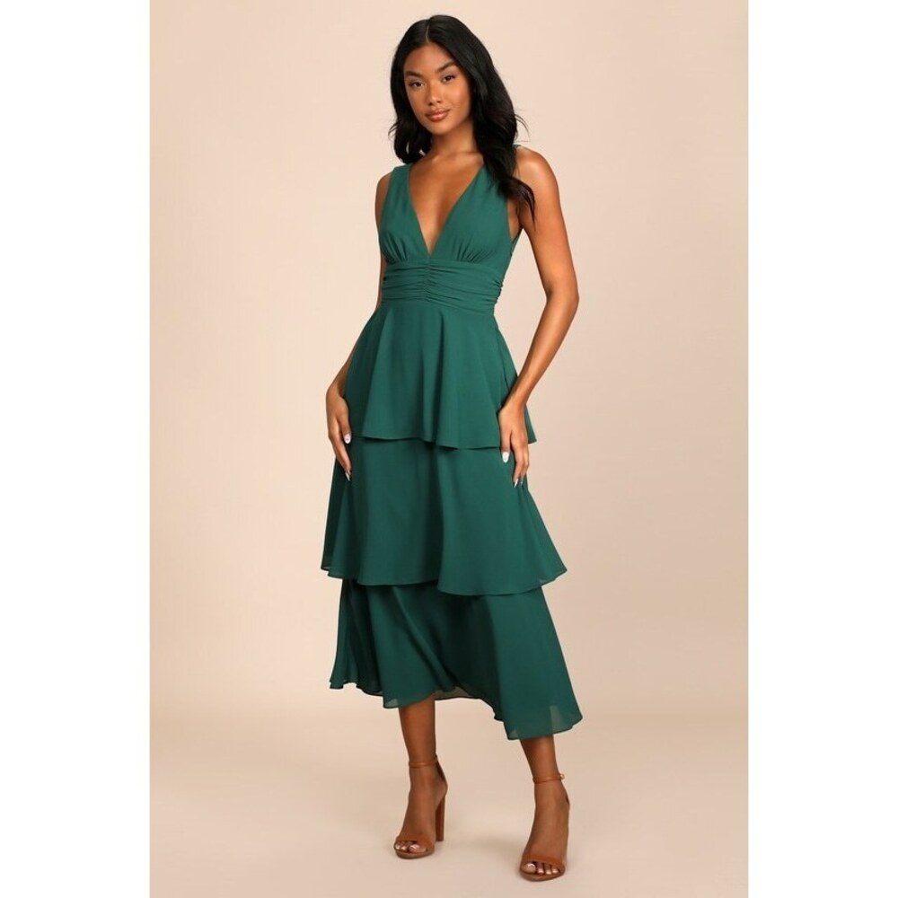 Lulus Celebration Time Emerald Green Sleeveless Tiered Midi Dress - Size XL